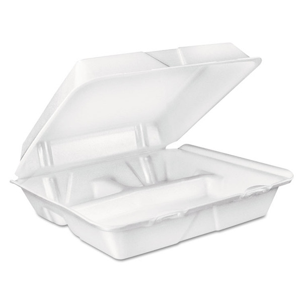 Foam Hinged Lid Container, 3-Compartment, 8 oz, 9 x 9.4 x 3, White, 200/Carton [SKU: DCC90HT3R]