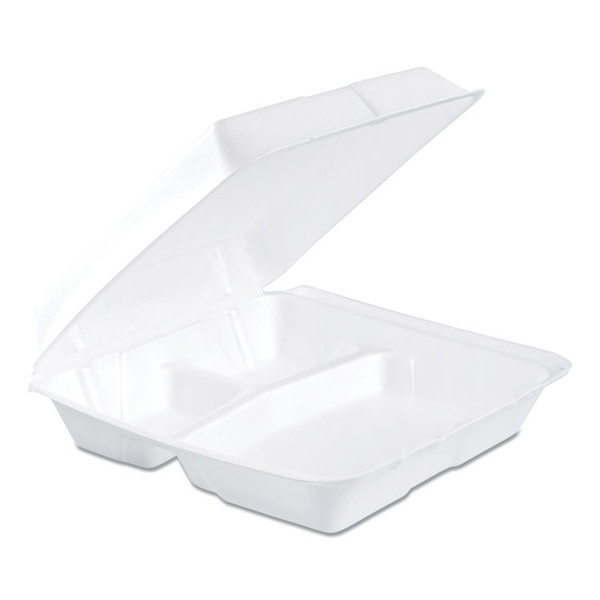Foam Hinged Lid Containers, 3-Compartment, 9.25 x 9.5 x 3, White, 200/Carton [SKU: DCC95HT3R]