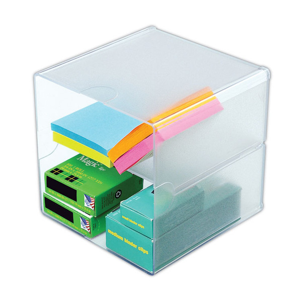 Stackable Cube Organizer, Divided, 2 Compartments, Plastic, 6 x 6 x 6, Clear [SKU: DEF350701]