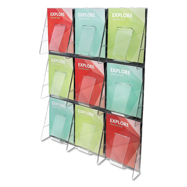 Stand-Tall 9-Bin Wall-Mount Literature Rack, Mag, 27.5w x 3.38d x 35.63h, Clear/Black [SKU: DEF56801]