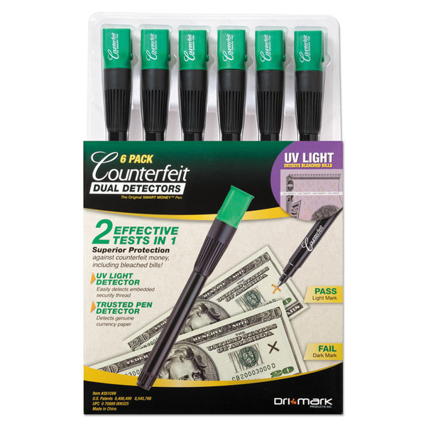 Counterfeit Money Detection System, UV Light; Watermark Detector; Color Change Ink, U.S. Currency, 0.8 x 0.8 x 6, Black/Green [SKU: DRI351UV6]