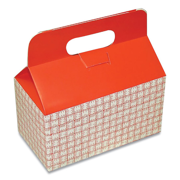 Take-Out Barn One-Piece Paperboard Food Box, Basket-Weave Plaid Theme, 9.5 x 5 x 5, Red/White, Paper, 125/Carton [SKU: DXEH1RP]