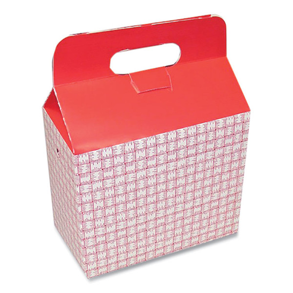 Take-Out Barn One-Piece Paperboard Food Box, Basket-Weave Plaid Theme, 9.5 x 5 x 8, Red/White, Paper, 125/Carton [SKU: DXEH3RP]