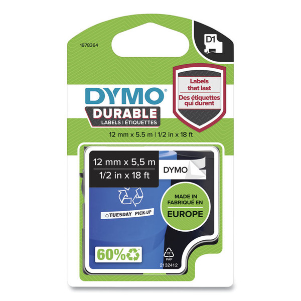 D1 Durable Labels, 0.5" x 18 ft, Black on White [SKU: DYM2125350]
