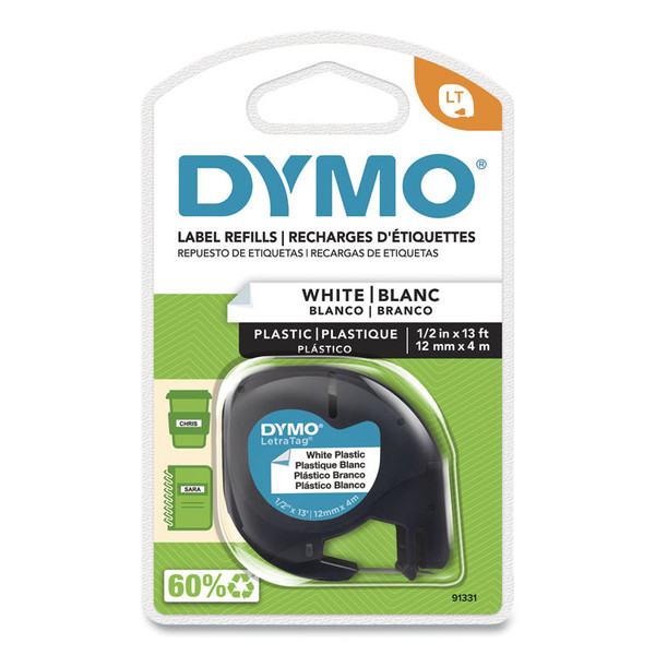 LetraTag Plastic Label Tape Cassette, 0.5" x 13 ft, White [SKU: DYM91331]