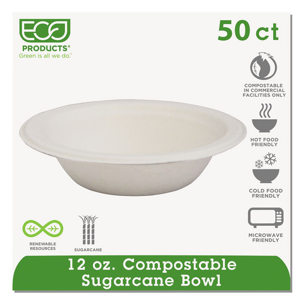 Renewable and Compostable Sugarcane Bowls, 12 oz, Natural White, 50/Packs [SKU: ECOEPBL12PK]