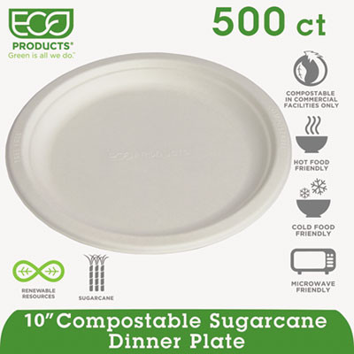 Renewable and Compostable Sugarcane Plates, 10" dia, Natural White, 500/Carton [SKU: ECOEPP005]