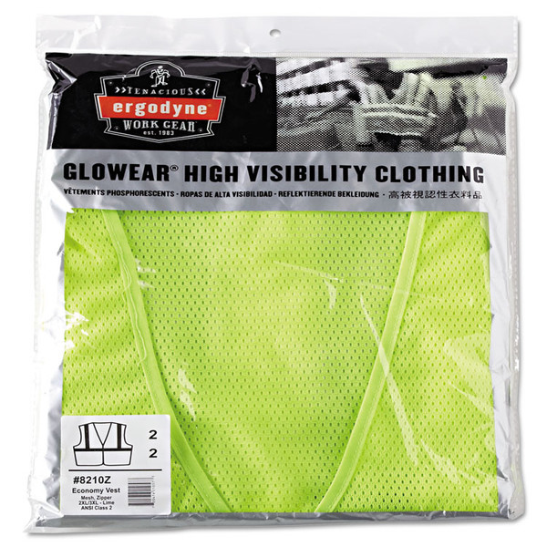 GloWear 8210Z Class 2 Economy Vest, Polyester Mesh, Zipper Closure, 2X-Large to 3X-Large, Lime [SKU: EGO21057]