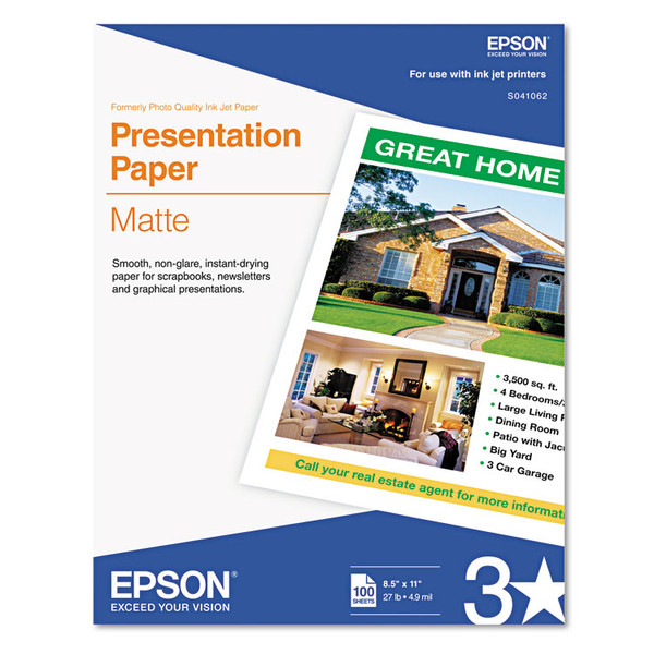 Matte Presentation Paper, 4.9 mil, 8.5 x 11, Matte Bright White, 100/Pack [SKU: EPSS041062]