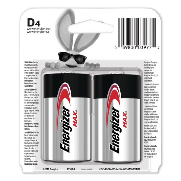 MAX Alkaline D Batteries, 1.5 V, 4/Pack [SKU: EVEE95BP4]