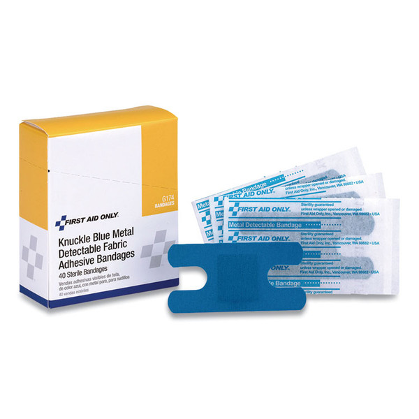 Blue Metal Detectable Fabric Adhesive Bandages, Four-Wing Knuckle, 1.5 x 3, 40/Box [SKU: FAOG174]