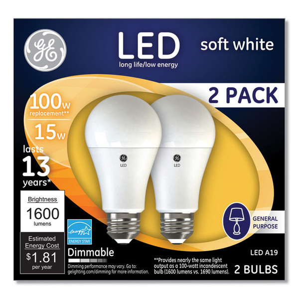 100W LED Bulbs, A19, 15 W, Soft White, 2/Pack [SKU: GEL93127668]
