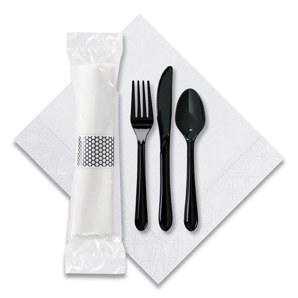 CaterWrap Cater to Go Express Cutlery Kit, Fork/Knife/Spoon/Napkin, Black, 100/Carton [SKU: HFM119901]