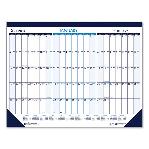 Three Month Desk Pad, 22 x 17, White/Blue/Teal Sheets, Blue Binding, Blue Corners, 14-Month (Dec to Jan): 2022 to 2024 [SKU: HOD136]