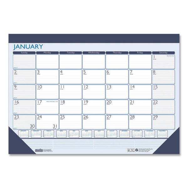 Recycled Contempo Desk Pad Calendar, 22 x 17, White/Blue Sheets, Blue Binding, Blue Corners, 12-Month (Jan to Dec): 2023 [SKU: HOD151]