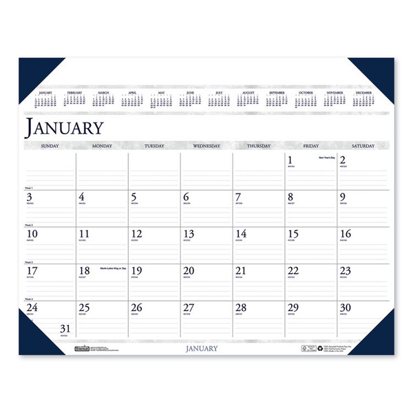 Executive Monthly Desk Pad Calendar, 24 x 19, White/Blue Sheets, Blue Corners, 12-Month (Jan to Dec): 2023 [SKU: HOD180HD]