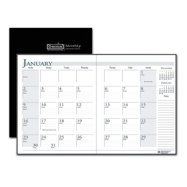 Recycled Ruled 14-Month Planner with Stitched Leatherette Cover, 10 x 7, Black Cover, 14-Month (Dec to Jan): 2022 to 2024 [SKU: HOD260602]