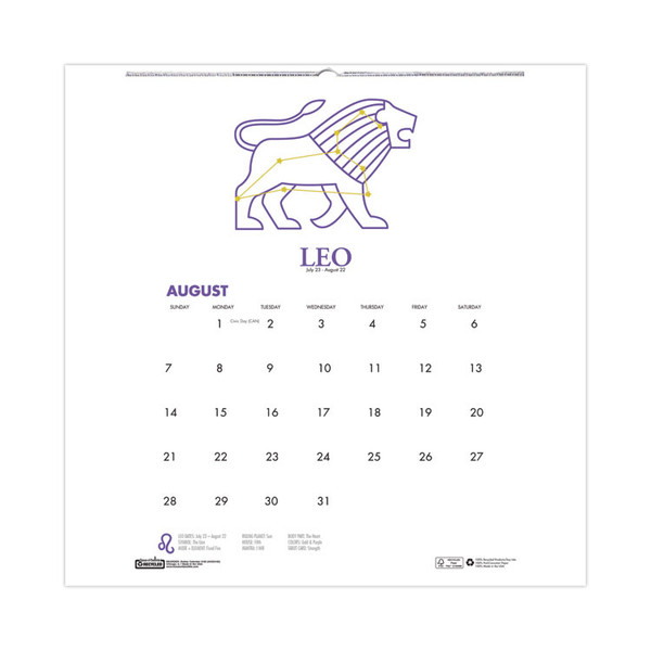 Recycled Academic Zodiac Wall Calendar, 14 x 11, Multicolor Sheets,12-Month (Aug to July): 2023 [SKU: HOD3185]