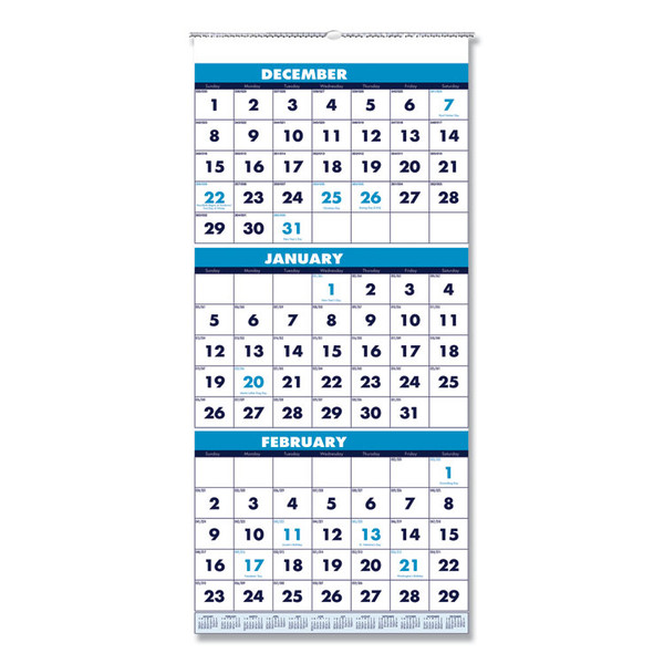 Recycled Three-Month Format Wall Calendar, Vertical Orientation, 12.25 x 26, White Sheets, 14-Month (Dec-Jan): 2022-2024 [SKU: HOD3640]