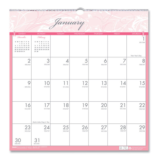 Recycled Monthly Wall Calendar, Breast Cancer Awareness Artwork, 12 x 12, White/Pink/Gray Sheets, 12-Month (Jan-Dec): 2023 [SKU: HOD3671]