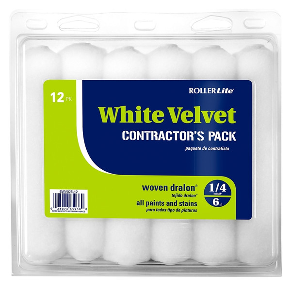 RollerLite White Velvet 6WV025-12 Mini Roller Cover, 1/4 in Thick Nap, 6 in L, Woven Fabric Cover, White [SKU: ORG4340600]