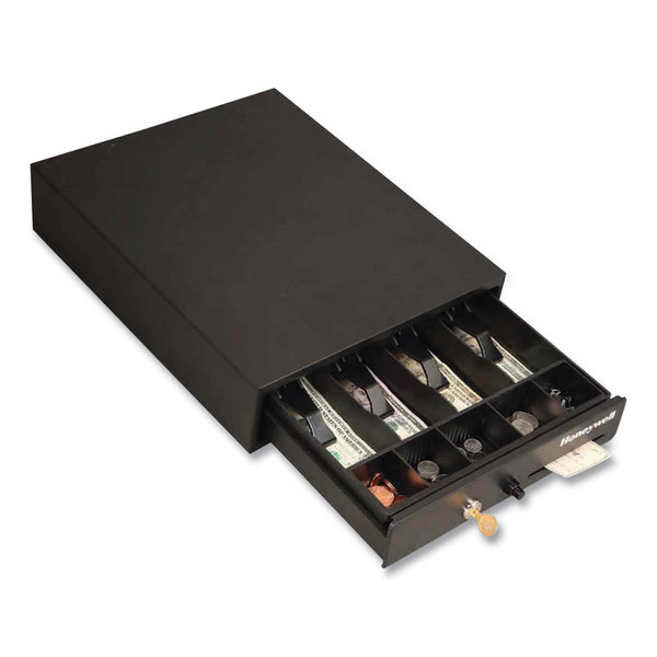 Space-Saving Steel Cash Drawer, 4 Bill, 5 Coin Slots, Key Lock, 17 x 13 x 4, Black [SKU: HWL6313]