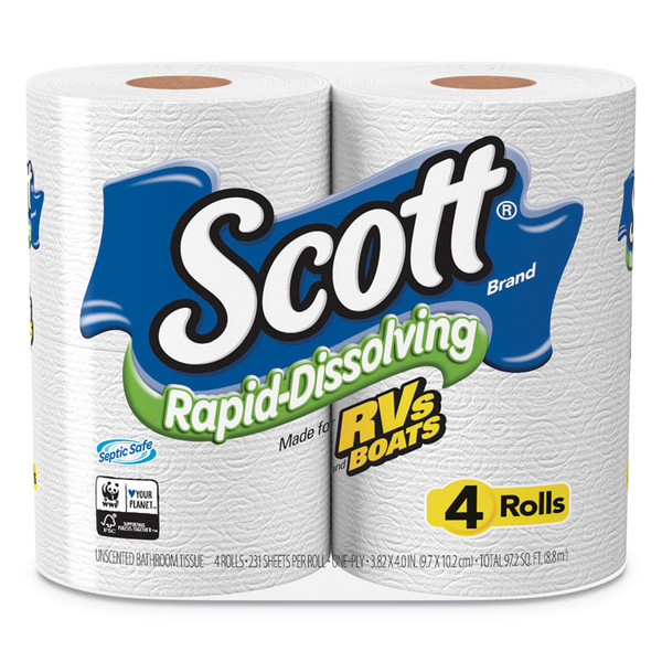 Rapid-Dissolving Toilet Paper, Bath Tissue, Septic Safe, 1-Ply, White, 231 Sheets/Roll, 4/Rolls/Pack, 12 Packs/Carton [SKU: KCC47617]