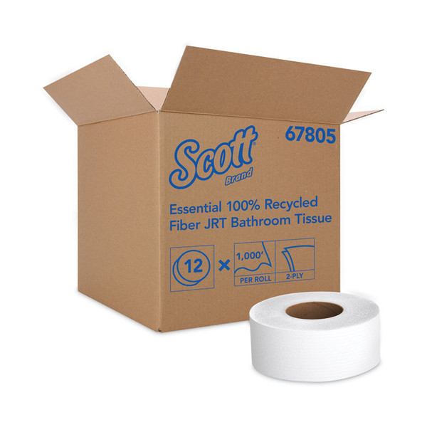 Essential 100% Recycled Fiber JRT Bathroom Tissue for Business, Septic Safe, 2-Ply, White, 3.55" x 1,000 ft, 12 Rolls/Carton [SKU: KCC67805]