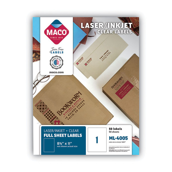 Matte Clear Printable Shipping Address Labels, Inkjet/Laser Printers, 8.5 x 11, Matte Clear, 50/Box [SKU: MACML4005]