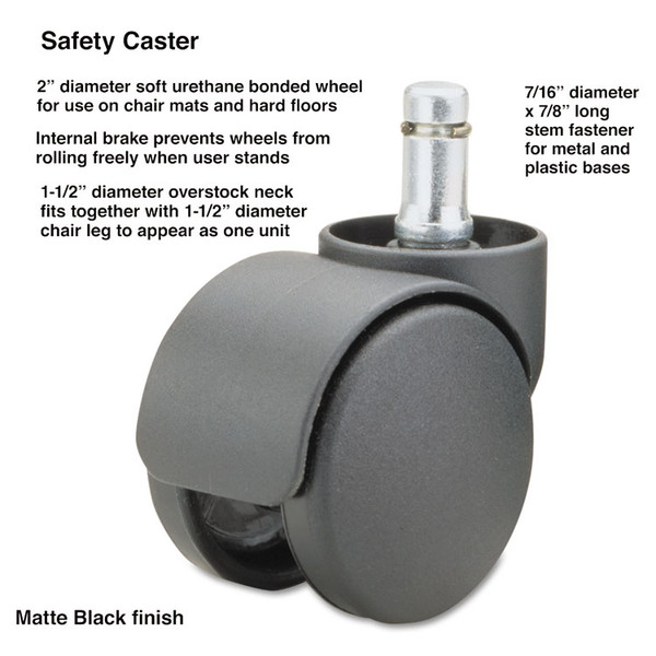 Safety Casters, Oversized Neck, Grip Ring Type B Stem, 2" Soft Polyurethane Wheel, Matte Black, 5/Set [SKU: MAS64335]