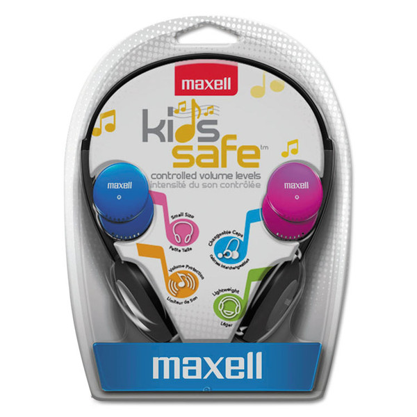 Kids Safe Headphones, 4 ft Cord, Black with Interchangeable Pink/Blue/Silver Caps [SKU: MAX190338]