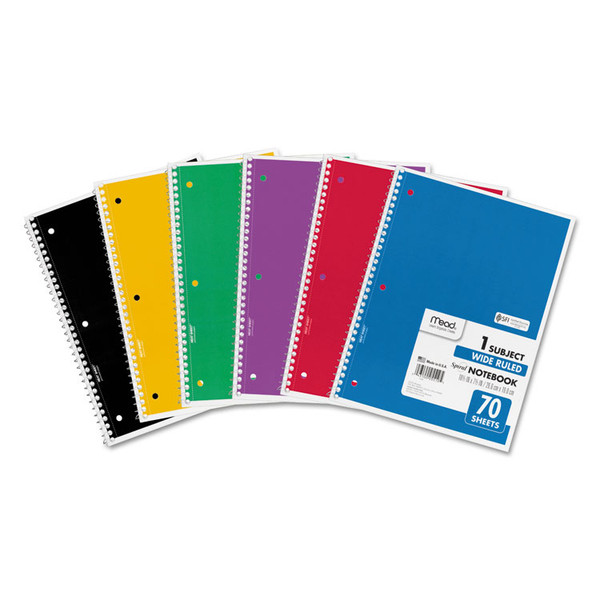 Spiral Notebook, 1 Subject, Wide/Legal Rule, Assorted Covers, 10.5 x 8, 70 Sheets, 6/Pack [SKU: MEA73063]