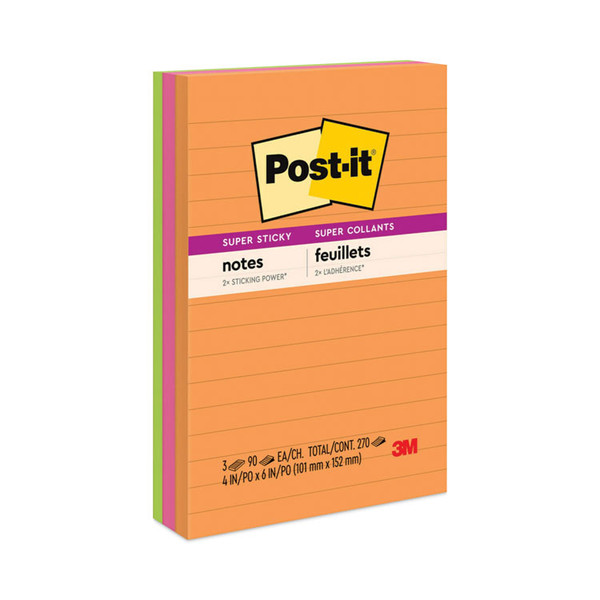 Pads in Energy Boost Collection Colors, Note Ruled, 4" x 6", 90 Sheets/Pad, 3 Pads/Pack [SKU: MMM6603SSUC]