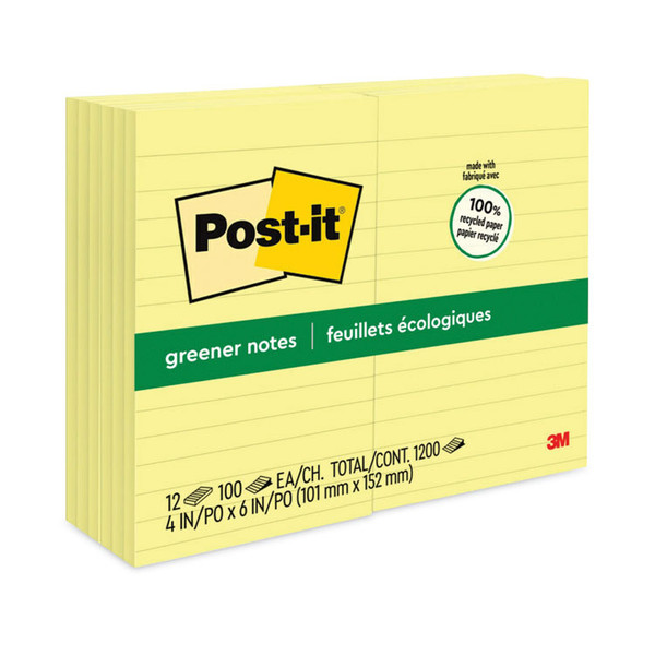 Original Recycled Note Pads, Note Ruled, 4" x 6", Canary Yellow, 100 Sheets/Pad, 12 Pads/Pack [SKU: MMM660RPYW]