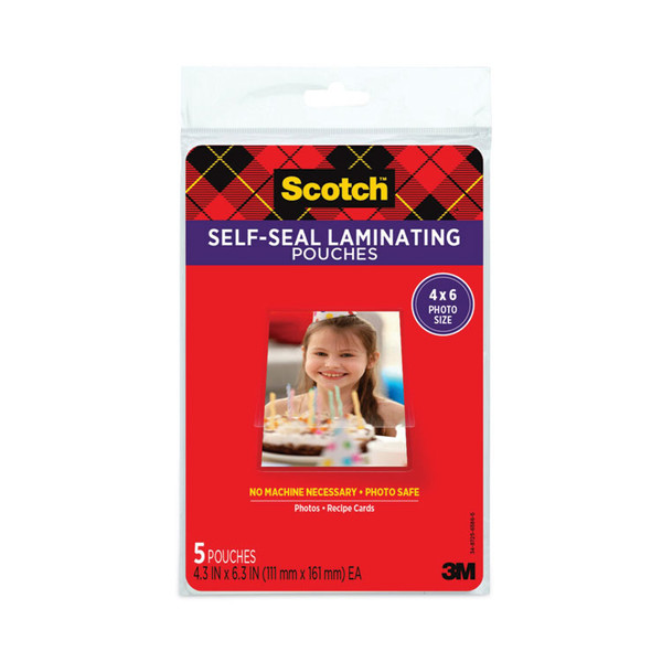 Self-Sealing Laminating Pouches, 9.5 mil, 4.38" x 6.38", Gloss Clear, 5/Pack [SKU: MMMPL900G]