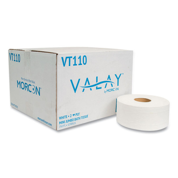 Valay Mini Jumbo Bath Tissue, Septic Safe, 2-Ply, White, 750 ft, 12 Rolls/Carton [SKU: MORVT110]