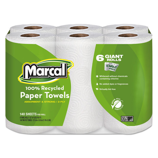 100% Premium Recycled Kitchen Roll Towels, 2-Ply, 11 x 5.5, White, 140/Roll, 24 Rolls/Carton [SKU: MRC6181CT]
