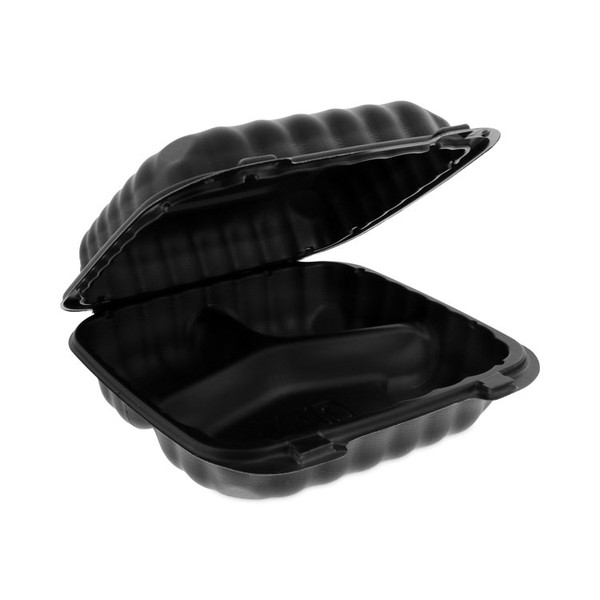 EarthChoice SmartLock Microwavable MFPP Hinged Lid Container, 3-Compartment, 8.3 x 8.3 x 3.4, Black, Plastic, 200/Carton [SKU: PCTYCNB08030000]