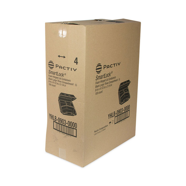 SmartLock Foam Hinged Lid Container, Large, 3-Compartment, 9 x 9.5 x 3.25, Black, 150/Carton [SKU: PCTYHLB09030000]