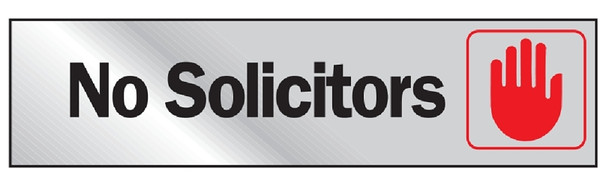 HY-KO 473 Graphic Sign, No Solicitors, Silver Background, Vinyl, 2 in H x 8 in W Dimensions [SKU: ORG4676755]