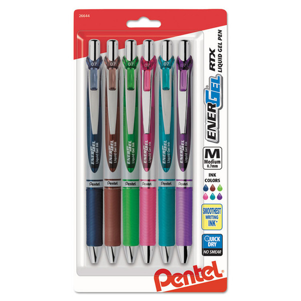 EnerGel RTX Gel Pen, Retractable, Medium 0.7 mm, Assorted Ink and Barrel Colors, 6/Pack [SKU: PENBL77BP6M1]
