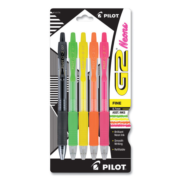 G2 Neon Gel Pen, Retractable, Fine 0.7 mm, Assorted Neon Ink and Barrel Colors, 5/Pack [SKU: PIL14174]