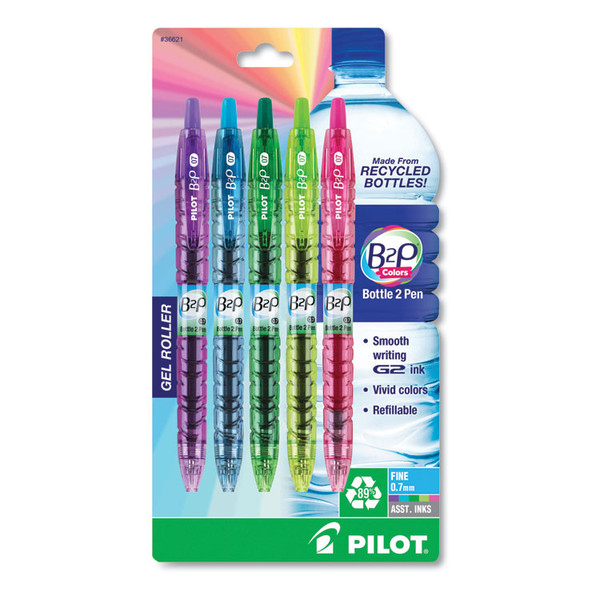 B2P Bottle-2-Pen Recycled Gel Pen, Retractable, Fine 0.7 mm, Assorted Ink and Barrel Colors, 5/Pack [SKU: PIL36621]