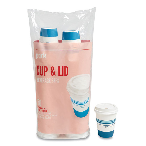 Paper Hot Cup and Plastic Dome Lid Combo, 12 oz, White/Blue, 50 Sets/Pack [SKU: PRK24375267]