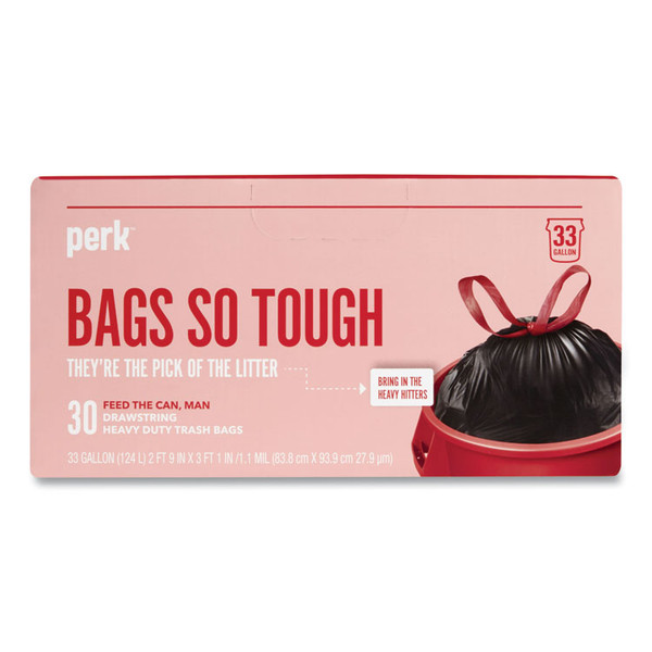 Drawstring Heavy-Duty Trash Bags, 33 gal, 1.1 mil, 37" x 33", Black, 30/Box [SKU: PRK24377879]