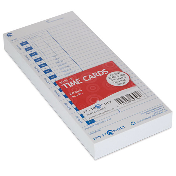 Time Clock Cards for Pyramid Technologies 3000, One Side, 4 x 9, 100/Pack [SKU: PTI3510010]