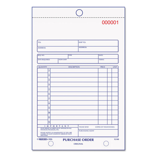 Purchase Order Book, 12 Lines, Two-Part Carbonless, 5.5 x 7.88, 50 Forms Total [SKU: RED1L140]