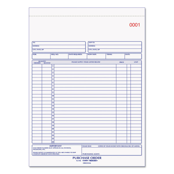 Purchase Order Book, 17 Lines, Two-Part Carbonless, 8.5 x 11, 50 Forms Total [SKU: RED1L146]