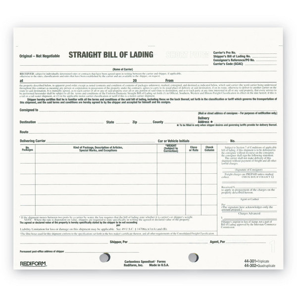 Snap-A-Way Bill of Lading, Short Form, Three-Part Carbonless, 7 x 8.5, 250 Forms Total [SKU: RED44301]