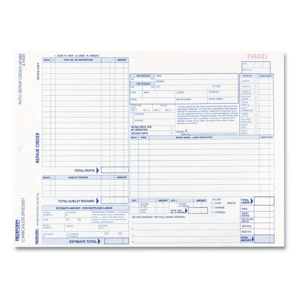 Speediset Four-Part Auto Repair Form, Four-Part Carbonless, 11 x 8.5, 50 Forms Total [SKU: RED4P489]